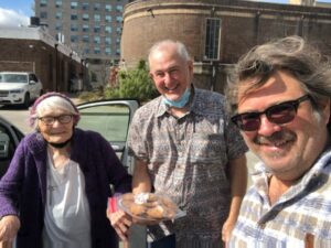 Caroline Hodges on her 95th birthday with David Behrman and Mitch Cohen
